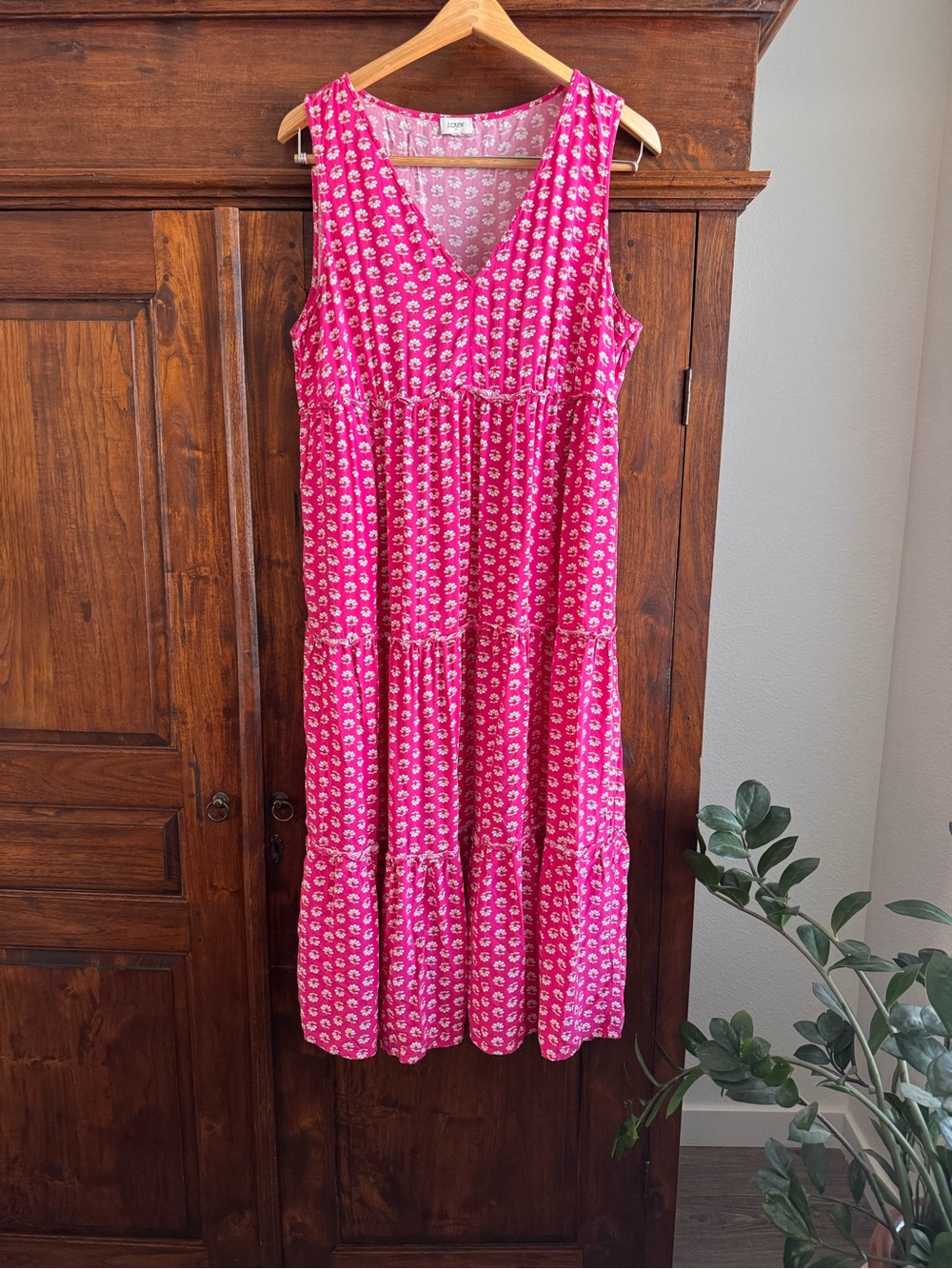 JCrew Pink Tiered Midi Dress Floral Pattern